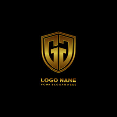 Fototapeta na wymiar Initial letters GJ shield shape gold monogram logo. Shield Secure Safe logo design inspiration