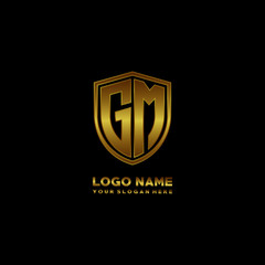 Initial letters GM shield shape gold monogram logo. Shield Secure Safe logo design inspiration
