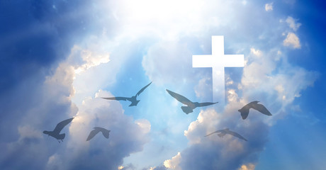 Imagine Christian Cross that illuminates the beautiful rainbow sky on a fluffy white cloud. And the light that shines down among the birds that fly in the sky As love and freedom of Jesus