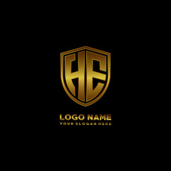 Initial letters HE shield shape gold monogram logo. Shield Secure Safe logo design inspiration