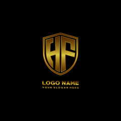 Initial letters HF shield shape gold monogram logo. Shield Secure Safe logo design inspiration