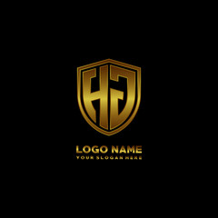 Initial letters HJ shield shape gold monogram logo. Shield Secure Safe logo design inspiration