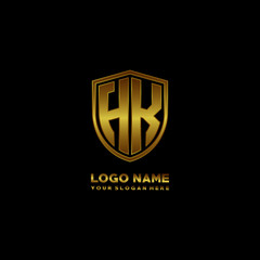 Initial letters HK shield shape gold monogram logo. Shield Secure Safe logo design inspiration