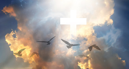 Imagine Christian Cross that illuminates the beautiful rainbow sky on a fluffy white cloud. And the...
