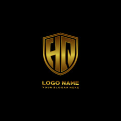 Initial letters HQ shield shape gold monogram logo. Shield Secure Safe logo design inspiration