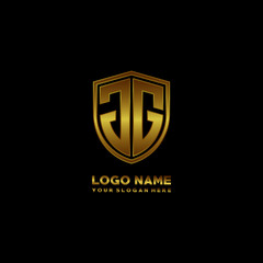 Initial letters JG shield shape gold monogram logo. Shield Secure Safe logo design inspiration