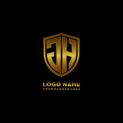 Initial letters JH shield shape gold monogram logo. Shield Secure Safe logo design inspiration