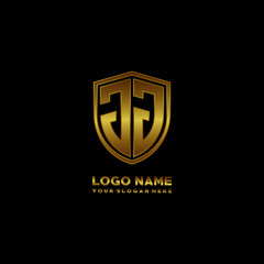 Initial letters JJ shield shape gold monogram logo. Shield Secure Safe logo design inspiration