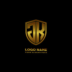 Initial letters JK shield shape gold monogram logo. Shield Secure Safe logo design inspiration