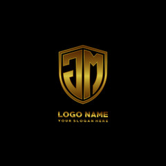 Initial letters JM shield shape gold monogram logo. Shield Secure Safe logo design inspiration