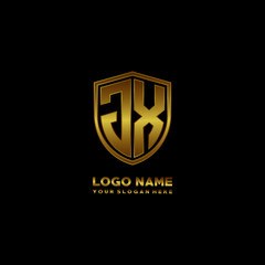 Initial letters JX shield shape gold monogram logo. Shield Secure Safe logo design inspiration