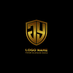 Initial letters JY shield shape gold monogram logo. Shield Secure Safe logo design inspiration