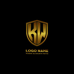 Initial letters KW shield shape gold monogram logo. Shield Secure Safe logo design inspiration