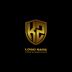 Initial letters KZ shield shape gold monogram logo. Shield Secure Safe logo design inspiration