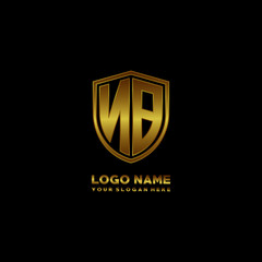 Initial letters NB shield shape gold monogram logo. Shield Secure Safe logo design inspiration