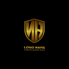 Initial letters NH shield shape gold monogram logo. Shield Secure Safe logo design inspiration