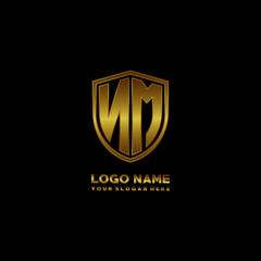 Initial letters NM shield shape gold monogram logo. Shield Secure Safe logo design inspiration