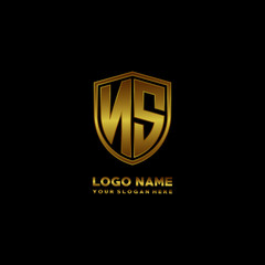 Initial letters NS shield shape gold monogram logo. Shield Secure Safe logo design inspiration