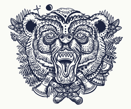 Bear head portrait vector illustration. Old school tattoo style. Isolated on white background