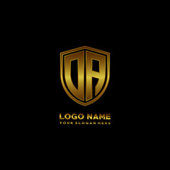Initial letters OA shield shape gold monogram logo. Shield Secure Safe logo design inspiration