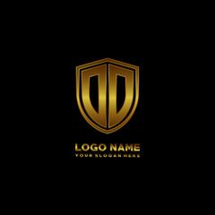 Initial letters OO shield shape gold monogram logo. Shield Secure Safe logo design inspiration