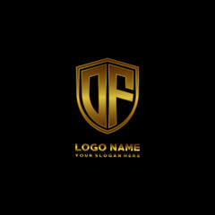 Initial letters OF shield shape gold monogram logo. Shield Secure Safe logo design inspiration