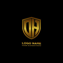 Initial letters OH shield shape gold monogram logo. Shield Secure Safe logo design inspiration