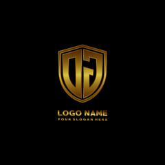 Initial letters OJ shield shape gold monogram logo. Shield Secure Safe logo design inspiration