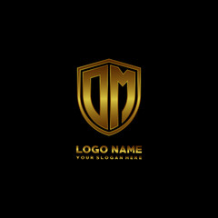 Initial letters OM shield shape gold monogram logo. Shield Secure Safe logo design inspiration