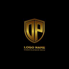 Initial letters OP shield shape gold monogram logo. Shield Secure Safe logo design inspiration