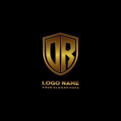 Initial letters OR shield shape gold monogram logo. Shield Secure Safe logo design inspiration