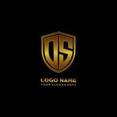 Initial letters OS shield shape gold monogram logo. Shield Secure Safe logo design inspiration
