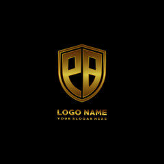 Initial letters PB shield shape gold monogram logo. Shield Secure Safe logo design inspiration