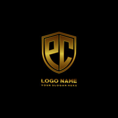 Initial letters PC shield shape gold monogram logo. Shield Secure Safe logo design inspiration