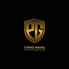 Initial letters PG shield shape gold monogram logo. Shield Secure Safe logo design inspiration