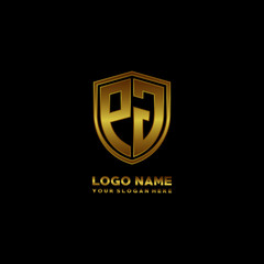 Initial letters PJ shield shape gold monogram logo. Shield Secure Safe logo design inspiration