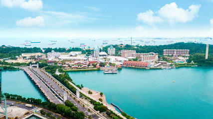 Fototapeta na wymiar Aerial view of ships, bridge and harbor