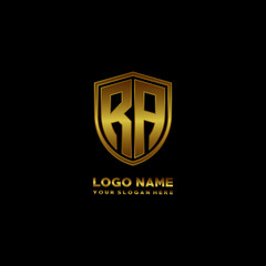 Initial letters RA shield shape gold monogram logo. Shield Secure Safe logo design inspiration