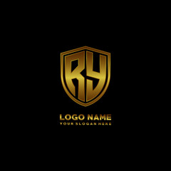 Initial letters RY shield shape gold monogram logo. Shield Secure Safe logo design inspiration