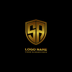 Initial letters SA shield shape gold monogram logo. Shield Secure Safe logo design inspiration