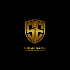 Initial letters SE shield shape gold monogram logo. Shield Secure Safe logo design inspiration