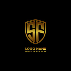 Initial letters SF shield shape gold monogram logo. Shield Secure Safe logo design inspiration