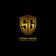 Initial letters SG shield shape gold monogram logo. Shield Secure Safe logo design inspiration
