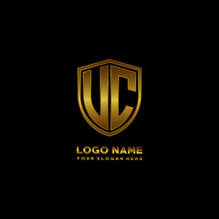 Initial letters UC VC shield shape gold monogram logo. Shield Secure Safe logo design inspiration