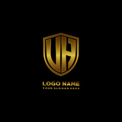 Initial letters UH VH shield shape gold monogram logo. Shield Secure Safe logo design inspiration