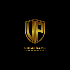 Initial letters UP VP shield shape gold monogram logo. Shield Secure Safe logo design inspiration
