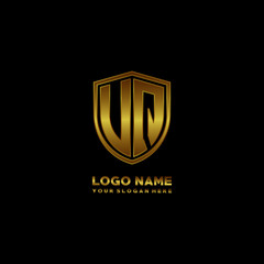 Initial letters UQ VQ shield shape gold monogram logo. Shield Secure Safe logo design inspiration