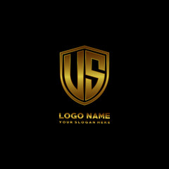 Initial letters US VS shield shape gold monogram logo. Shield Secure Safe logo design inspiration