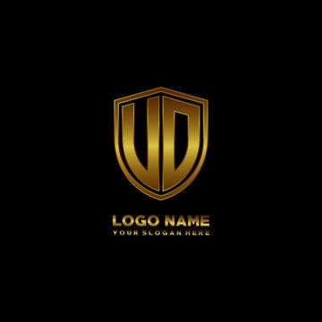 Initial letters UO VO shield shape gold monogram logo. Shield Secure Safe logo design inspiration