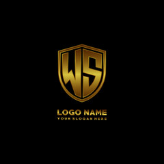 Initial letters WS shield shape gold monogram logo. Shield Secure Safe logo design inspiration